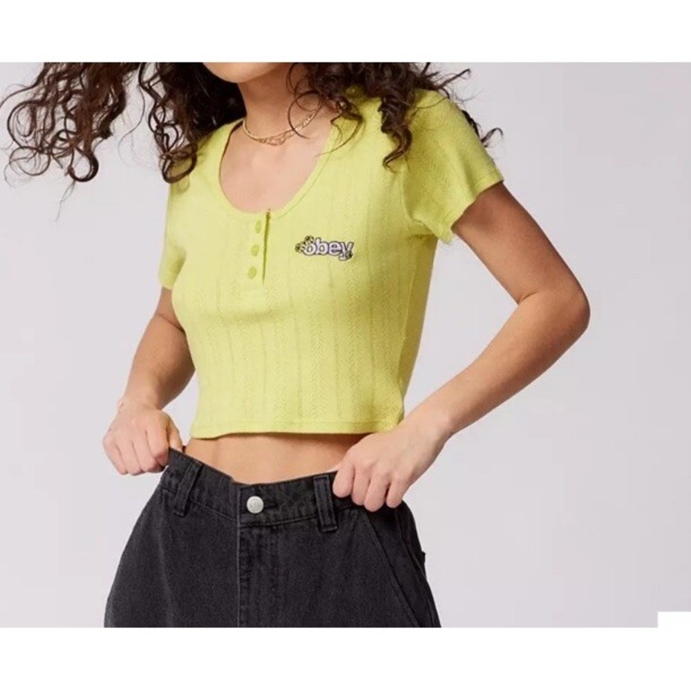 OBEY Alina Pointelle cropped Top, Size Medium, Color Lime